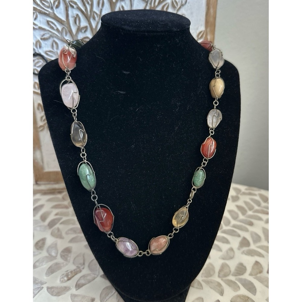 VTG Multi Gemstone Amethyst Jade Agate Carnelian Wire Wrap Necklace